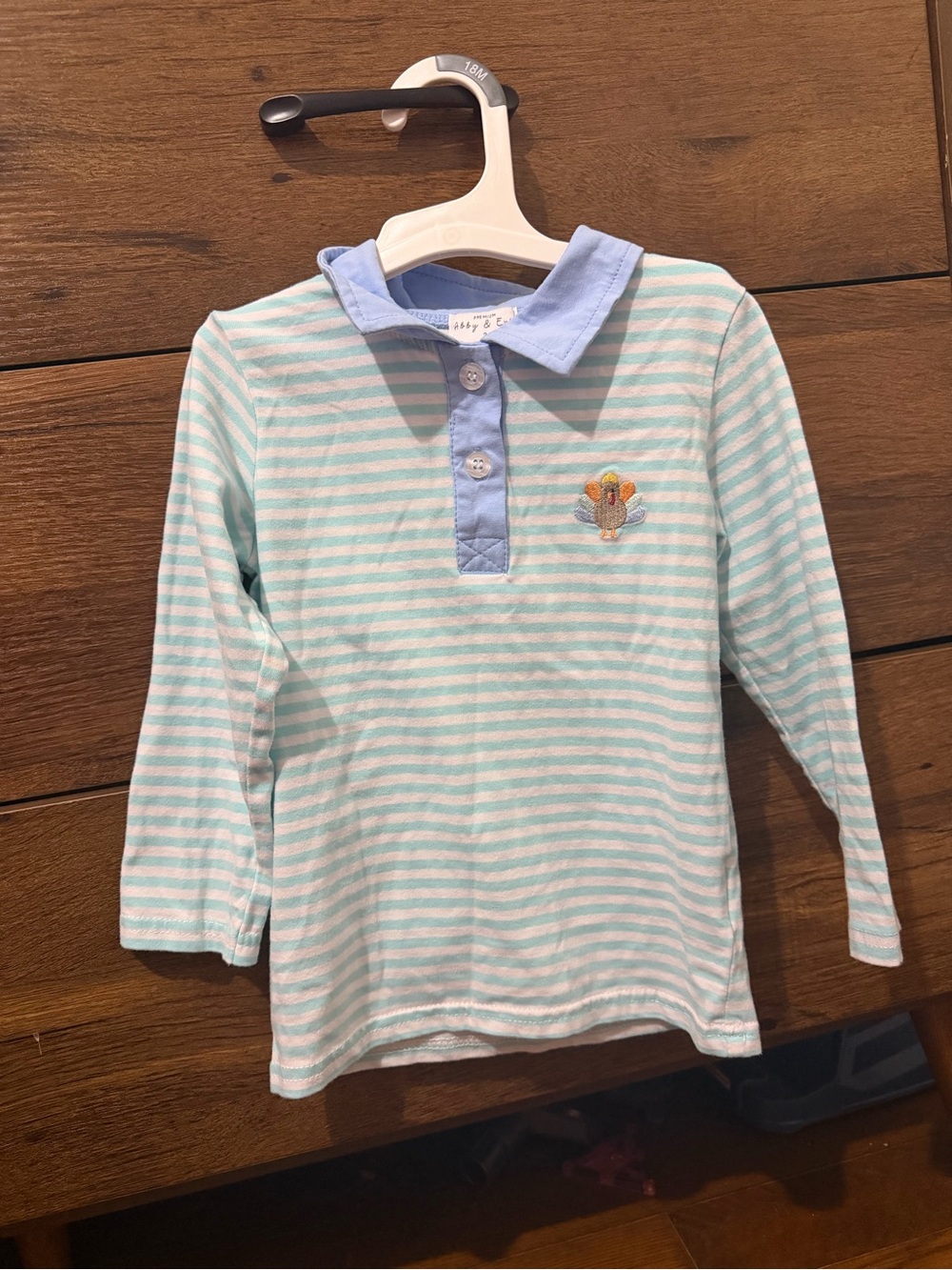 Abby & Evie Striped Long-Sleeve Polo Top in Light Blue and White